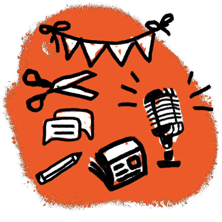 Illustration including a microphone, pencil and other journalists tools on a red background