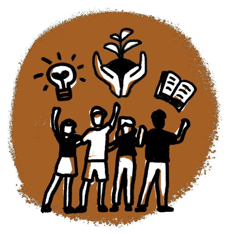 Illustration showing people sharing with a lightbulb, sprouting seed and open book above their heads