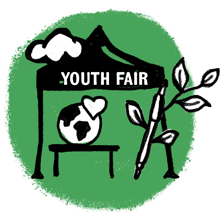 An illustration in black and white with a green background showing a display tent with a twig and a planet on display