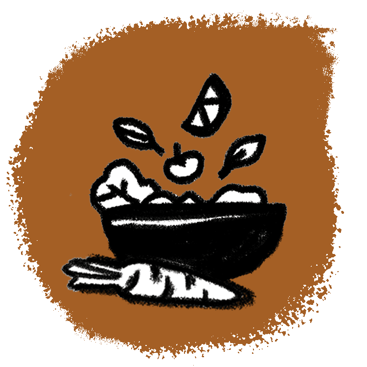 An illustration of a bowl full of salad and a carrot beside it on a brown background.