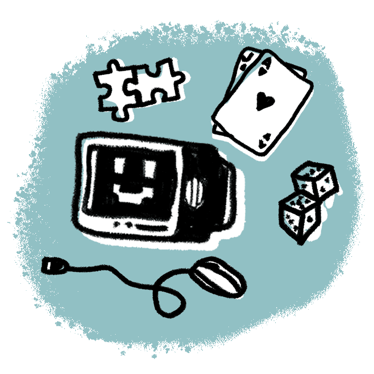 An illustration of various games, screen, cards, dice and a puzzle on a blue background