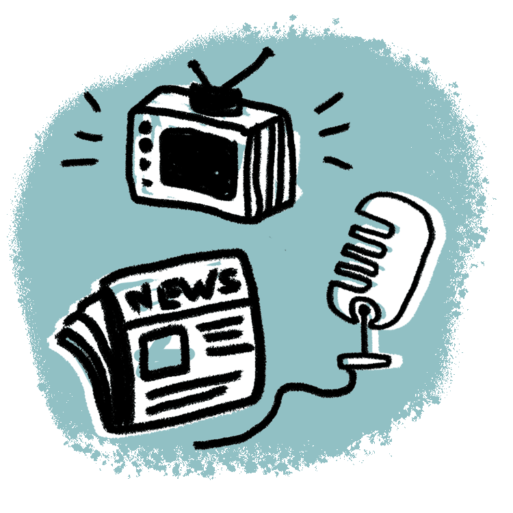 An illustration of a television, newspaper and microphone on a blue background.