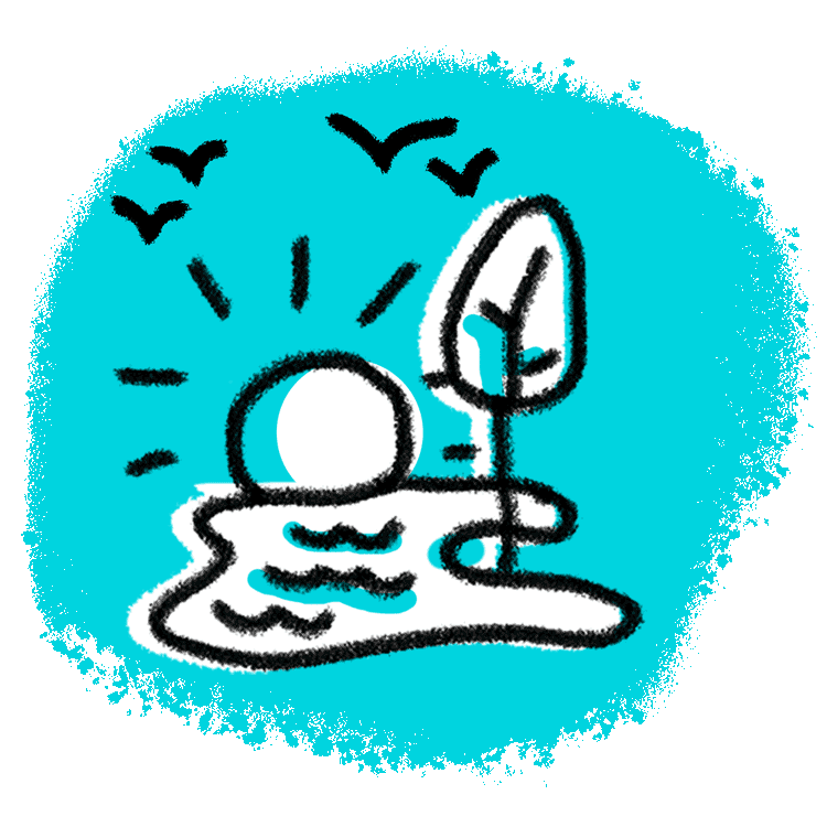 An illustration of a peatland with sun and birds on a light blue background.