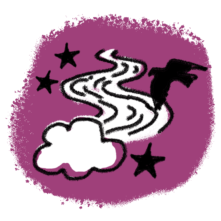 An illustration of a river, clouds, stars and birds with a purple background