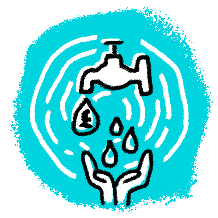 An illustration of a tap with hands reaching towards the water coming from the tap.